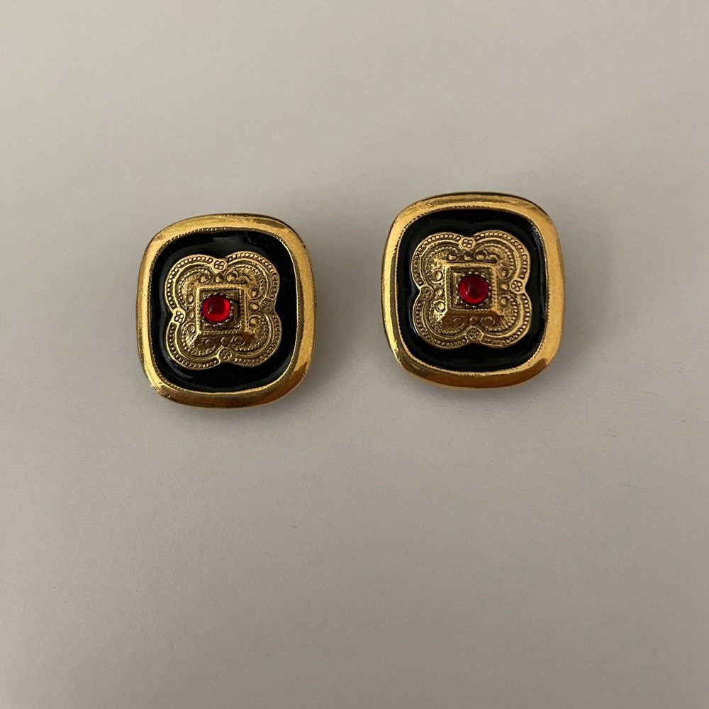 Vintage Square Clip Earrings Black Enamel Intricate Gold 1960-70s Red Bead